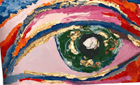 a painting of a colorful eye with gold foil